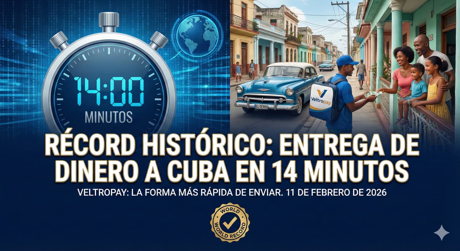 El 11 de febrero de 2026, Veltropay rompió todos los esquemas entregando una remesa en efectivo en El Cerro, La Habana, en solo 14 minutos. Conoce cómo logramos el envío más rápido de la historia.
